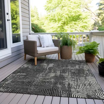 10' X 14' Black And Ivory Geometric Washable Indoor Outdoor Area Rug