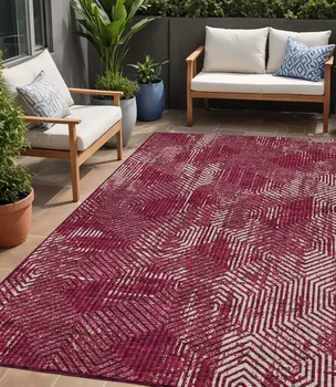 5' X 8' Burgundy And Ivory Geometric Washable Indoor Outdoor Area Rug