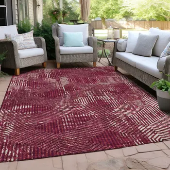 10' X 14' Burgundy And Ivory Geometric Washable Indoor Outdoor Area Rug