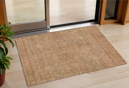 3' X 5' Copper Brown And Beige Geometric Washable Indoor Outdoor Area Rug