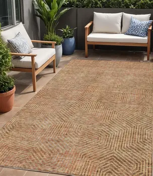 5' X 8' Copper Brown And Beige Geometric Washable Indoor Outdoor Area Rug