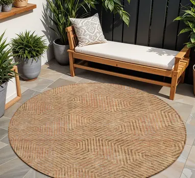 8' Copper Brown And Beige Round Geometric Washable Indoor Outdoor Area Rug