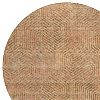 8' Copper Brown And Beige Round Geometric Washable Indoor Outdoor Area Rug