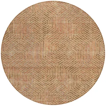 8' Copper Brown And Beige Round Geometric Washable Indoor Outdoor Area Rug