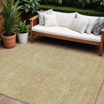 9' X 12' Gold And Beige Geometric Washable Indoor Outdoor Area Rug