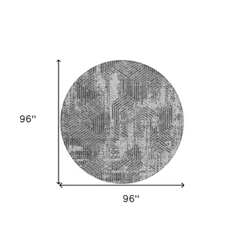 8' Gray And Charcoal Round Geometric Washable Indoor Outdoor Area Rug