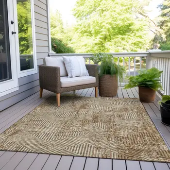 10' X 14' Brown And Beige Geometric Washable Indoor Outdoor Area Rug