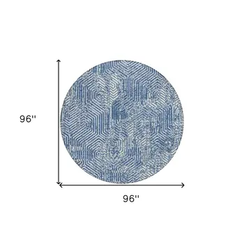 8' Navy Blue And Ivory Round Geometric Washable Indoor Outdoor Area Rug