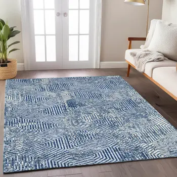 8' X 10' Navy Blue And Ivory Geometric Washable Indoor Outdoor Area Rug