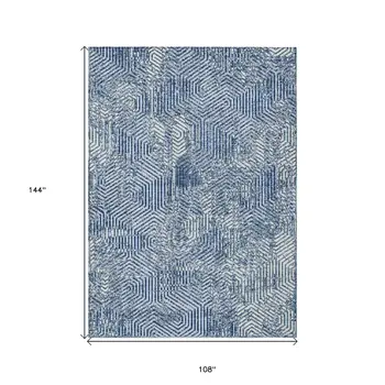 9' X 12' Navy Blue And Ivory Geometric Washable Indoor Outdoor Area Rug