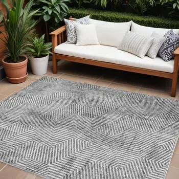 9' X 12' Silver And Gray Geometric Washable Indoor Outdoor Area Rug