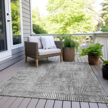 9' X 12' Silver And Gray Geometric Washable Indoor Outdoor Area Rug