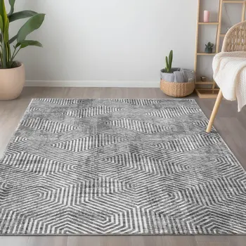 9' X 12' Silver And Gray Geometric Washable Indoor Outdoor Area Rug