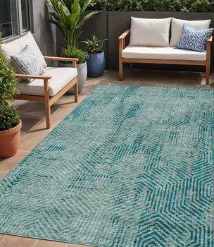 5' X 8' Teal Blue And Gray Geometric Washable Indoor Outdoor Area Rug