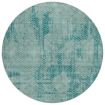 8' Teal Blue And Gray Round Geometric Washable Indoor Outdoor Area Rug