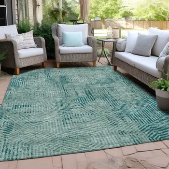8' X 10' Teal Blue And Gray Geometric Washable Indoor Outdoor Area Rug