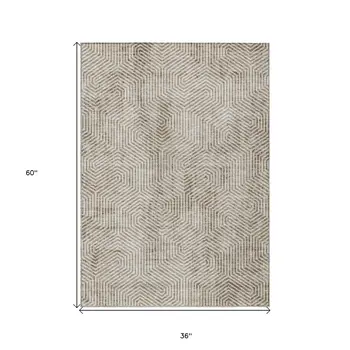 3' X 5' Taupe And Beige Geometric Washable Indoor Outdoor Area Rug