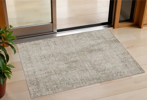 3' X 5' Taupe And Beige Geometric Washable Indoor Outdoor Area Rug