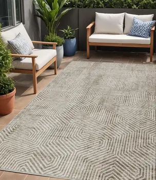 5' X 8' Taupe And Beige Geometric Washable Indoor Outdoor Area Rug