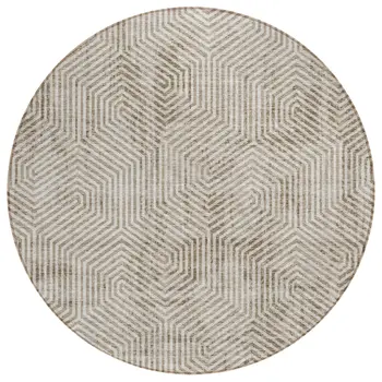 8' Taupe And Beige Round Geometric Washable Indoor Outdoor Area Rug