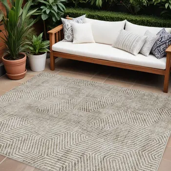 8' X 10' Taupe And Beige Geometric Washable Indoor Outdoor Area Rug