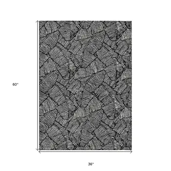 3' X 5' Black And Ivory Floral Washable Indoor Outdoor Area Rug