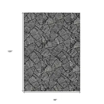 8' X 10' Black And Ivory Floral Washable Indoor Outdoor Area Rug