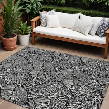 8' X 10' Black And Ivory Floral Washable Indoor Outdoor Area Rug