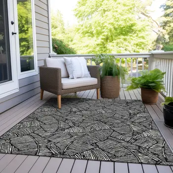8' X 10' Black And Ivory Floral Washable Indoor Outdoor Area Rug