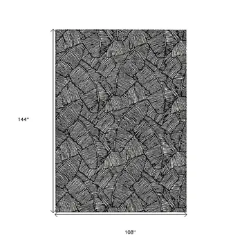 9' X 12' Black And Ivory Floral Washable Indoor Outdoor Area Rug