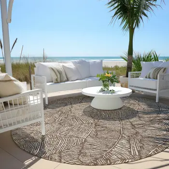 8' Brown And Beige Round Floral Washable Indoor Outdoor Area Rug