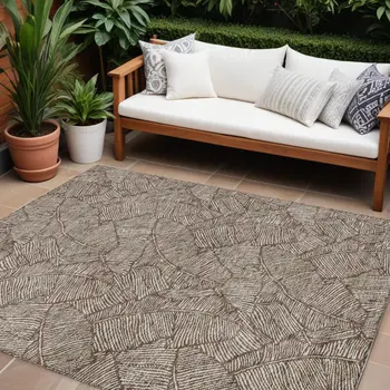 8' X 10' Brown And Beige Floral Washable Indoor Outdoor Area Rug