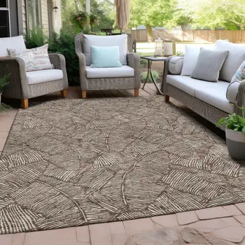 8' X 10' Brown And Beige Floral Washable Indoor Outdoor Area Rug