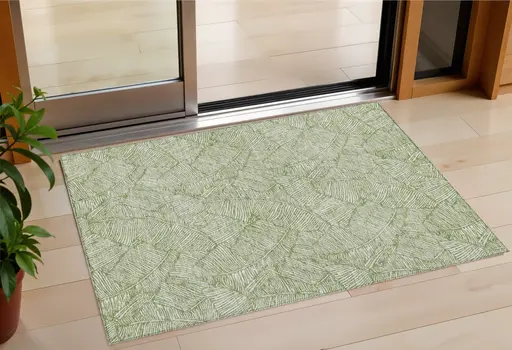 3' X 5' Green And Ivory Floral Washable Indoor Outdoor Area Rug