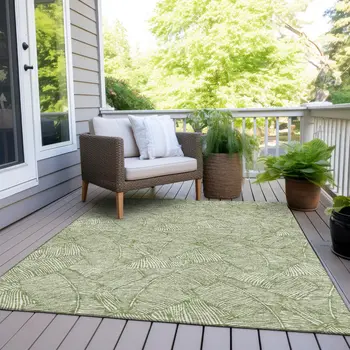 5' X 8' Green And Ivory Floral Washable Indoor Outdoor Area Rug