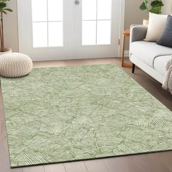 9' X 12' Green And Ivory Floral Washable Indoor Outdoor Area Rug