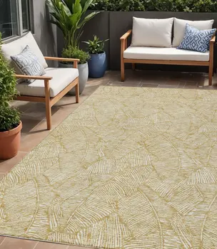 5' X 8' Gold And Beige Floral Washable Indoor Outdoor Area Rug