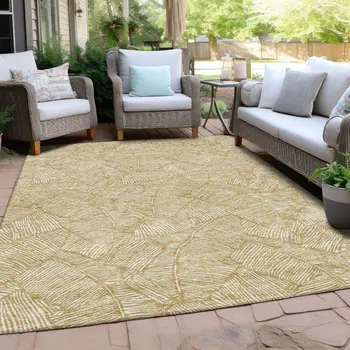 5' X 8' Gold And Beige Floral Washable Indoor Outdoor Area Rug