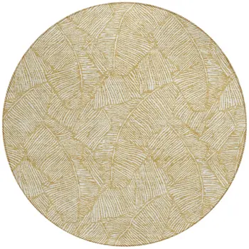 8' Gold And Beige Round Floral Washable Indoor Outdoor Area Rug