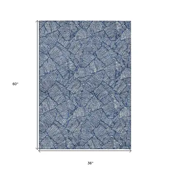 3' X 5' Navy Blue And Ivory Floral Washable Indoor Outdoor Area Rug