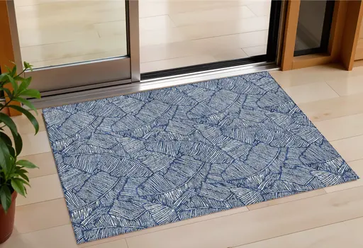 3' X 5' Navy Blue And Ivory Floral Washable Indoor Outdoor Area Rug
