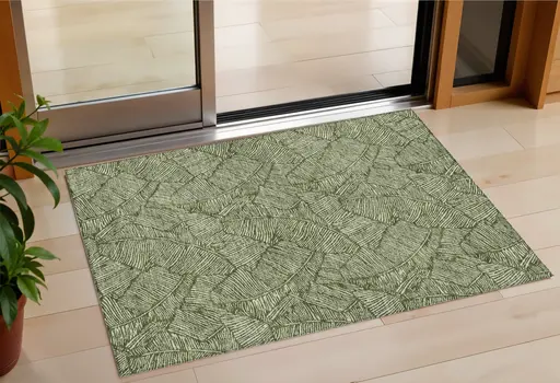 3' X 5' Olive Green And Light Green Floral Washable Indoor Outdoor Area Rug
