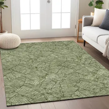 5' X 8' Olive Green And Light Green Floral Washable Indoor Outdoor Area Rug