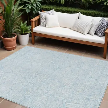 8' X 10' Sky Blue And Ivory Floral Washable Indoor Outdoor Area Rug
