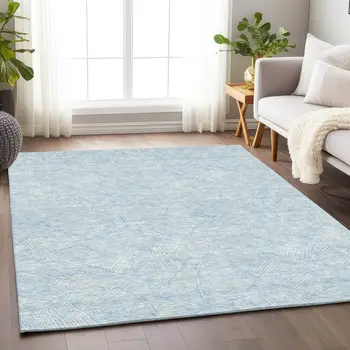 8' X 10' Sky Blue And Ivory Floral Washable Indoor Outdoor Area Rug