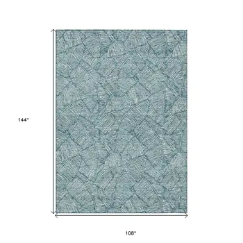9' X 12' Teal Blue And Ivory Floral Washable Indoor Outdoor Area Rug
