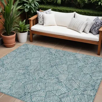 9' X 12' Teal Blue And Ivory Floral Washable Indoor Outdoor Area Rug