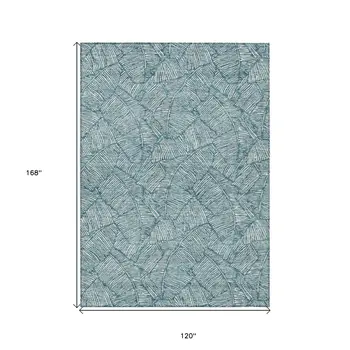 10' X 14' Teal Blue And Ivory Floral Washable Indoor Outdoor Area Rug