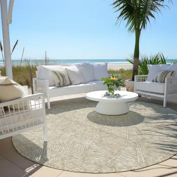 8' Taupe And Ivory Round Floral Washable Indoor Outdoor Area Rug