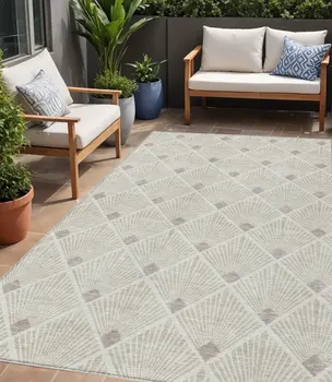 5' X 8' Beige And Ivory Geometric Washable Indoor Outdoor Area Rug
